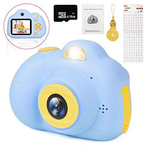 LeaderPro Appareil Photo Enfant Numérique Caméra pour Enfant, 8 Mpixels, Objectif Avant et Arrière, Flash, Zoom x4, 4400 images/80min vidéo, 16G TF Carte, 81g, Appareil Photo pour 3 à 10 Ans, Bleu