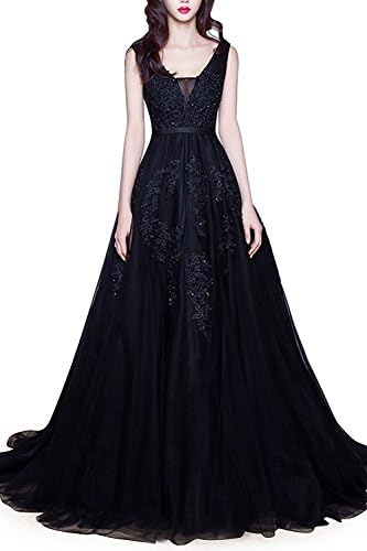 DressBeMine Women's Double V-Neck Tulle Appliques Long Evening Cocktail Gowns