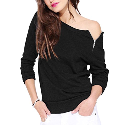 TopTie Ladies Off The Shoulder Casual Top Long Sleeve Blouse Tee with Zipper - Black,XL