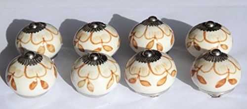 8 x Cream round with hand painted Burnt Orange flower (chrome fittings) ceramic cupboard door knobs drawer pulls