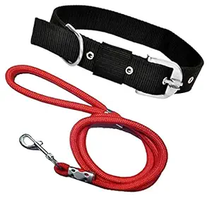 SENAPATI Dog Rope & Collar Set -15 MM- Medium?(Black Rope & Red Collar Leash Size 1M-1.5M)