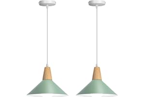 LIGKIN 2 Piezas Lámpara Colgante Industrial Moderna Ø25cm Pantalla Metal Madera Lámpara de Techo Retro E27 Iluminación para Cocina Comedor Cafetería (Verde)