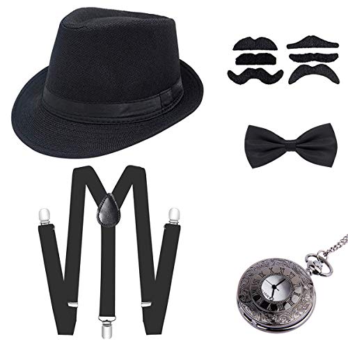 Wagoog 1920s Herren Gatsby Kostüm Accessoires, 20er Gangster Mafia Flapper kostüm Zubehör Set mit Panama Gangster Hut, Verstellbar Elastisch Hosenträger, Halsschleife Fliege und Taschenuhr