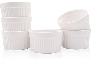 YUNSHANGHE Lot de 6 Moules à Soufflé pour la Cuisson, 200 ml, Bol à Crème Brûlée, Ramequins Bol à Dessert en Céramique, pour Gâteaux, Muffins, Glaces, Pâtisserie, Cupcakes (Blanc, 9 x 7,5 x 5 cm)