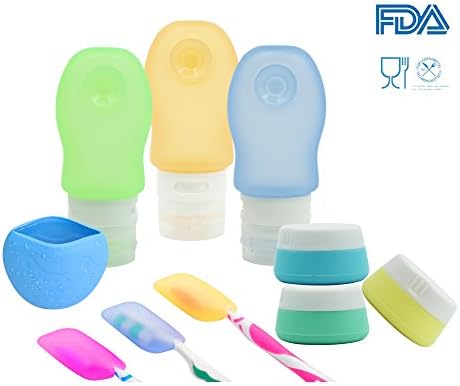MOONPOP 10 Pack Silicone Travel Bottles Set Soft Squeezable Shampoo Cosmetic Container Toothbrush Cover Foldable Cup