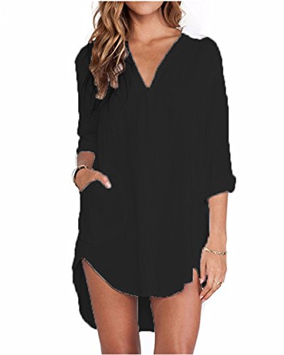 ZANZEA Femme Chemise Manches Longue Tunique Lâce Mini Robe Mousseline T-Shirt Tops Haut Blouse Noir EU 42/ US 10 UK 14