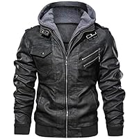 Black Leather Bomber Style Leather Jacket With Hoodie, Baseball Jackets (LARGE)