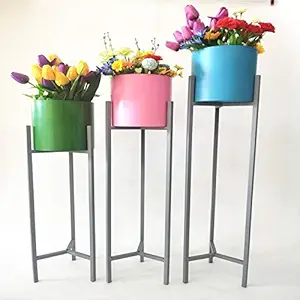 Weston Crafts Modern Plant Stand- Set with Tall Metal Stand, Decorative Standing Flower Succulent Pot Holder, Indoor Outdoor Terrace Patio Home Decor (Golden) (Set of 3)