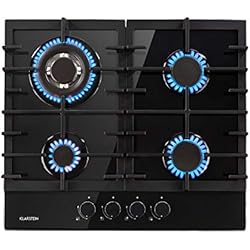 Klarstein Ignito Plaque de cuisson à gaz 4 zones - 4 feux, autosuffisante, 60 cm, encastrée, brûleur Sabaf, gaz naturel/propane, soupapes de sécurité, arrêt automatique, vitrocéramique, noir