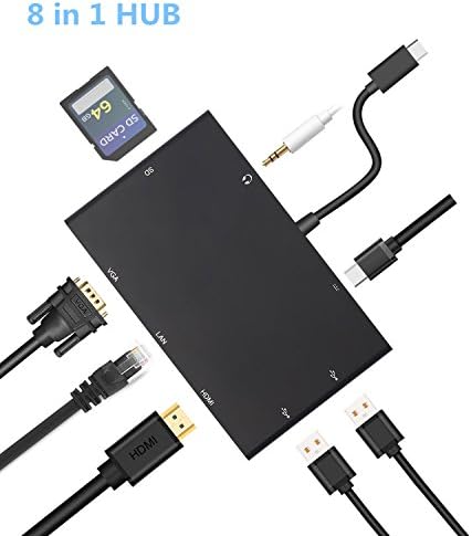 USB C Hub, Foxroar 8 in 1 Type C Adapter with 4K HDMI/VGA/RJ45 LAN Ethernet Gigabit/Card Reader/Audio Connector/2 USB3.0/USB-C Charging Port for MacBook/Chromebook And More Type-C Devices, Black