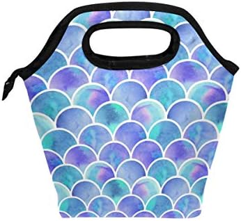 Watercolor Rainbow Mermaid Scales Lunch Bag Tote Lunchbox Handbag, Purple Fish Tail Boys Girls Women Insulated Food Container Gourmet Cooler Warm Pouch for School Work Office Student Kids