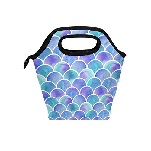 Watercolor Rainbow Mermaid Scales Lunch Bag Tote Lunchbox Handbag, Purple Fish Tail Boys Girls Women Insulated Food Container Gourmet Cooler Warm Pouch for School Work Office Student Kids