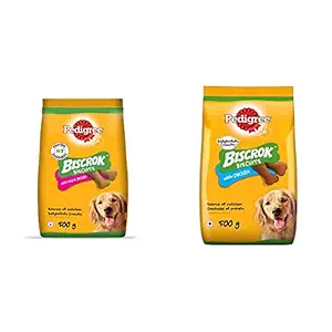 Pedigree Biscrok Biscuits Dog Treats (Above 4 Months), Milk and Chicken Flavor, 500g Pack & Pedigree Biscrok Biscuits Valentines Gift Dog Treat (Above 4 Months) Chicken Flavour, 500g Pack