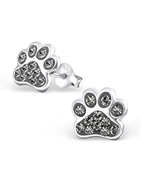 GH1a KRISTALL Grau Pfötchen Pfote Ohrstecker 925 Silber Kinder Ohrringe z-18