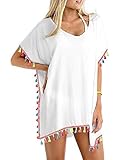 Diseño: traje de baño atractivo para cubrir el vestido y recorte único que se hace con ribete de borla, aberturas abiertas en ambos lados y dobladillo asimétrico.