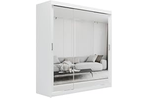 ELUKS SKY Double Sliding Doors Wardrobe with Mirror Drawers Furniture for Bedroom Living Room and Hall Wardrobe Organizer Width 100cm/120cm/150cm/180cm/200cm (White, 200cm)