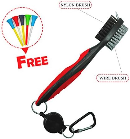 Brush and Groove Cleaner Golf - Dual Sided Nylon &amp; Steel Brush With Spike for Cleaning Club Face &amp; Groove - Comes With Loop Clip (Carabiner) For Easy Hanging on Golf Bag - Ergonomic Design - Easy to Use Non-Slip Grip Handle (Red)