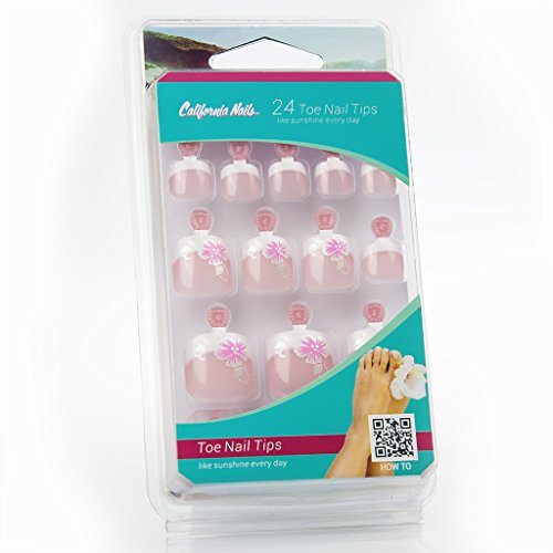 Toe Nail Tips, künstliche Fußnägel zum Aufkleben in French Rosé Silber Pinke Blume