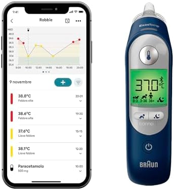 Braun ThermoScan 7 + connect Termometro auricolare | Compatibile con l'app Braun Family Care™ | Tecnologia Age Precision® | Display digitale con codifica a colori | Adatto a neonati e bambini