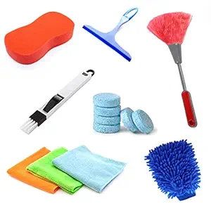 Kanya Car Cleaning Accessories Kit Combo Pack,3Pcs Microfiber Cloth/Tiny Duster/Wiper/Sponge/2 Pcs Windshield Cleaning Tablet/Gloves/Multipurpose Brush-Combo Pack of 7