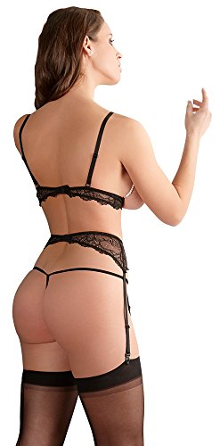 Abierta Fina BH Set Perlen - erotisches 3-teiliges Strapsset für sie, Dessous-Set, BH, ouvert String und Strapsgürtel, Verführung des Partners, schwarz - 6