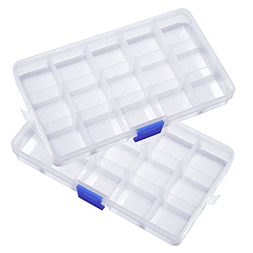 Josure 2 Stück Klar Plastik Aufbewahrungsbox Kunststoffbox Schmuckschatulle Plastikboxen mit 15 Einstellbare Grids für Schmuck Ring Ohrring Kleine Sachen