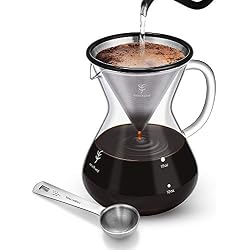 soulhand Cafetière Manuelle pour Over, Goutte À Goutte en Verre De Café avec Une poignée et Une cuillère à café, Cafetière en Verre avec Filtre en Acier Inoxydable (15 oz / 500 ML, 3 Tasses)