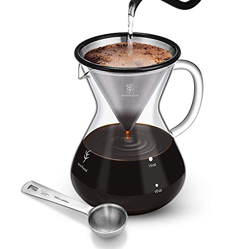 soulhand Cafetière Manuelle pour Over, Goutte À Goutte en Verre De Café avec Une poignée et Une cuillère à café, Cafetière en Verre avec Filtre en Acier Inoxydable (15 oz / 500 ML, 3 Tasses)