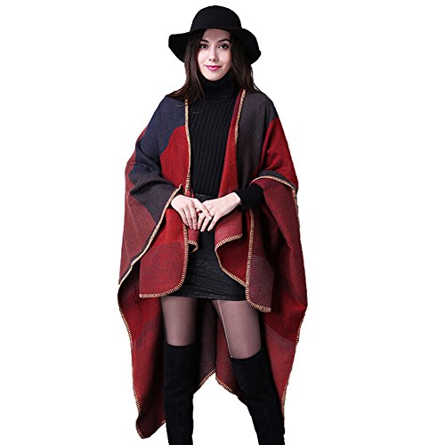 MEIWO Manta de tamaño Completo Reversible para Invierno para Mujer Poncho Plaid patrón Abrigo mantón Rayas cárdigan(Rojo)