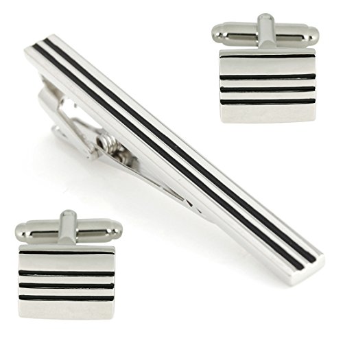 PELUCHEMr. Deeper Enamel Sleek Look 2 Silver Cufflink and TiePin Set for Men (Black and Silver)