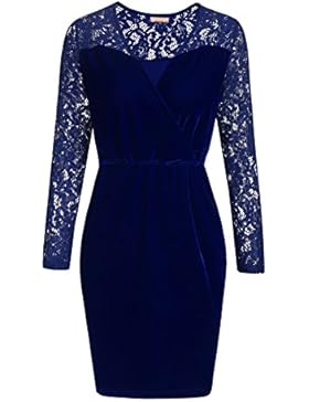 Meaneor Damen Langarm Spitzenkleid Samtkleid Velvet Kleid mit Spitze V-Ausschnitt Abendkleid Vintage Kleid Slim...