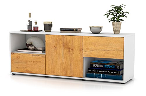 Stil.Zeit Möbel TV Schrank Lowboard Ambra, Korpus in Weiss Matt/Front im Holz-Design Eiche (135x49x35cm), mit Push-to-Open Technik und Hochwertigen Leichtlaufschienen, Made in Germany