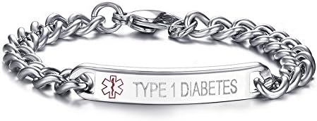 LianDuo Mens Womens Stainless Steel Thin Personalized Medical Alert ID Wristband Bracelet Bangle Engraved "TYPE 1 DIABETES" Silver