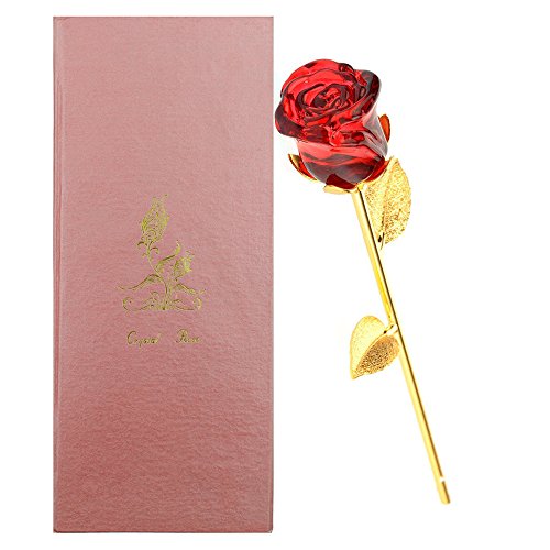 Glas Rose Blume Künstliche Kristall Rose Blume Metall Stiele und Blätter mit Geschenk-Box und Grußkarte für Valentinstag Muttertag Geburtstag Geburtstag Geschenke (Rote) - 5
