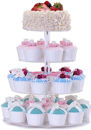 4-Tier Cupcake Stand Round Tower Dessert Display Acrylic Plate Party Serving Tray Great Supplies for Holiday Entertaining (Bonus Stable Pillars, Screw Driver)