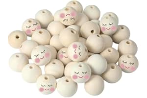 BelleVive Pack of 30 Wooden Beads with Face, 20 mm Round Wheat Coloured Wooden Balls with Hole for DIY Crafts
