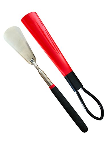 GarMills Kit de Calzador Ajustable Telescópico Expandible de Acero Inoxidable Negro de 26cm a 74cm de Alto con Calzador Plástico Rojo Extra de 30cm Para Hombres y Mujeres