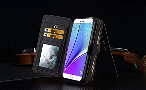 UBSMA- High quality Handbag Genuine Leather Wallet Purse Case Cover With 13 Credit Card Slots With Large Zipper Compartment, Kickstand For Samsung Galaxy S7/S6/S7edge/S6edge/S6edgeplus/S5/Note4/Note5/S4/S5[Split Feature] (Black, Samsung Galaxy Note 5)