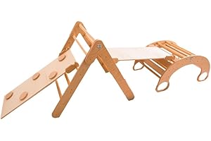 MAMI SRL Mami Kids Masha & Orso - Percorso con Triangolo Richiudibile, Arco Montessoriano per Bambini e 2 Rampe con Scivolo e Arrampicata, Giochi Educativi Montessori in Legno Naturale - Made in Italy