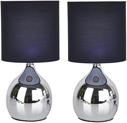 Pair of Modern Touch Lamp Lounge Bedside Table Lights Lamps (Black+Chrome Base)