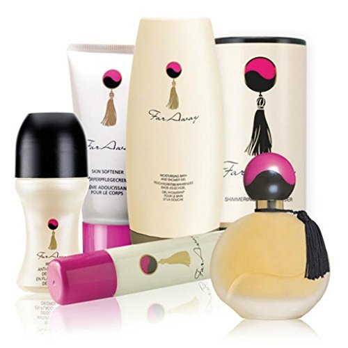 SIX x Items - FAR AWAY Perfume Set from Avon - Eau De Parfum Spray, Shimmering Body Powder, Moisturising Bath & Shower Gel, Perfumed Body Spray, Skin Softener and Deodorant Roll On