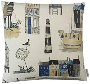 Beautiful Designer Beachcomber Seaside Village Harbour Collection in Ocean Blue Lighthouse Multicoloured Cushion cover pillow case Home, Kitchen, Sofa, Bedroom. (18"x 18")