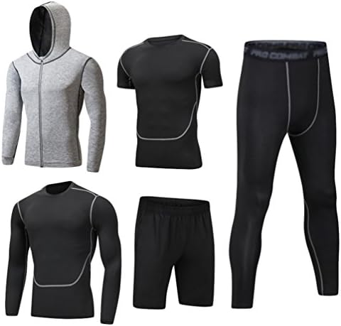 Mens 5pcs Sports Gym Fitness Clothing Set Hoodies Jackets+Long Sleeve+Short Sleeve Base Layers T Shirts+Loose Fitting Shorts+Compression Pants for Workout Training Running Tracksuits