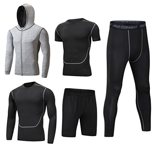 Mens 5pcs Sports Gym Fitness Clothing Set Hoodies Jackets+Long Sleeve+Short Sleeve Base Layers T Shirts+Loose Fitting Shorts+Compression Pants for Workout Training Running Tracksuits