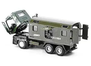 US1984 Die-Cast 4 Wheel Drive Metal Pull Back 5005 Army Force Military Truck with 3 Openable Doors, Movable Head , Rear Door Can Open with Front Light and Music for Boys and Girls