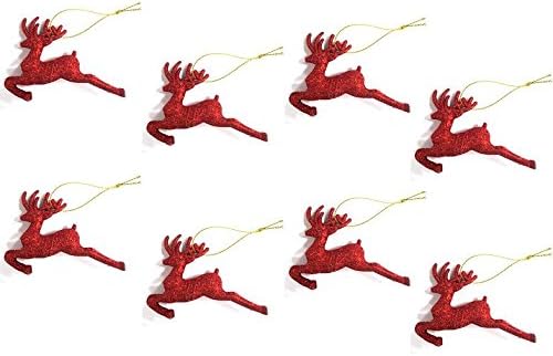 8 x Red Glitter 3D Shaped Reindeer Hanging Christmas Tree Ornament Window Decoration XMAS Accessories