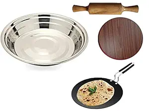 Bartan Star Stainless Steel Atta Parat (38 - Centimeters) with Iron Tawa,Wooden Chakla & Belan