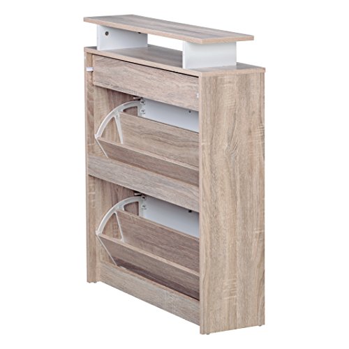 FineBuy Schuhkipper mit Schublade Sonoma Eiche Weiß 80 x 94 x 23 cm | Schuhschrank Schmal mit Ablage Schuhkommode für bis zu 16 Paar Schuhe | Schuh-Regal für Flur-Möbel platzsparend - 4