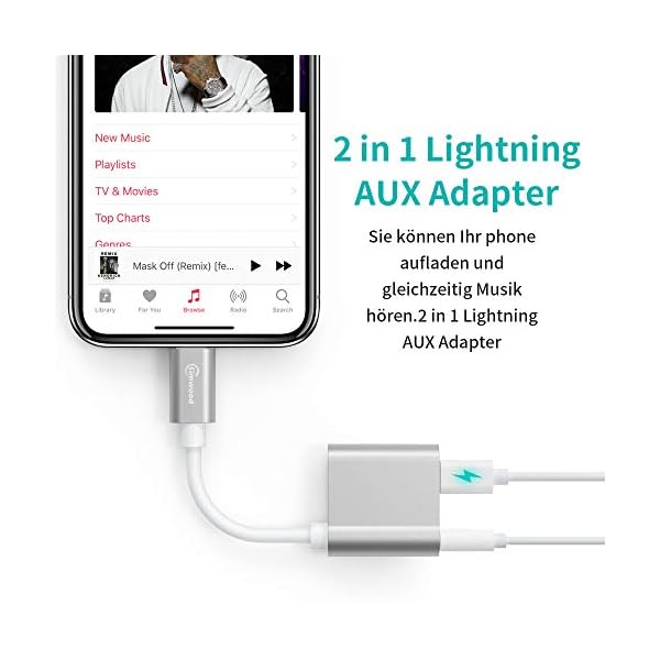 Aux Adapter für iPhone, 2 in 1 Phone kopfhörer Adapter 3,5 mm Aux-Audioausgang + Aufladung Kompatibel mit iPhone XS Max/iPhone XS/iPhone XR/iPhone X/iPhone 7 / 7plus/ 8 / 8plus – Bild 3