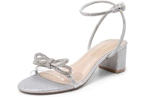 DREAM PAIRS Women's Heels Round Toe Rhinestone Double Bowknots Sparkly Block Heeled Sandals Shoes for Party Evening